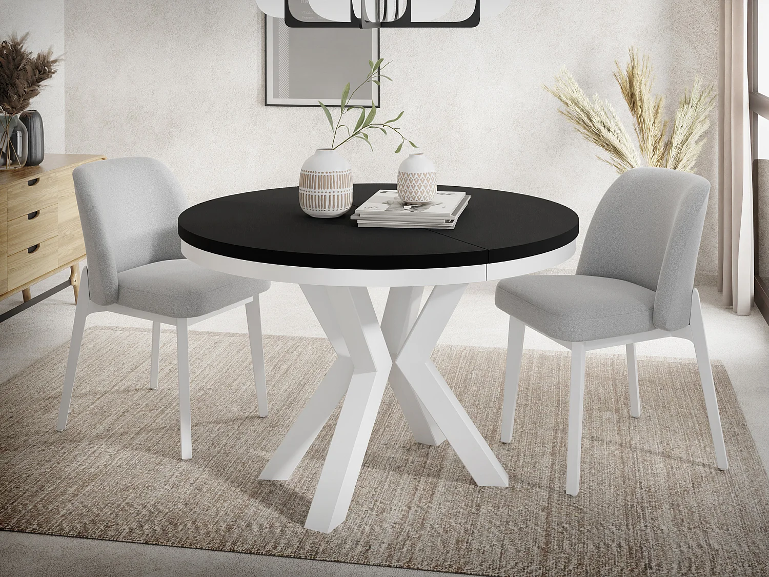 Table à Manger Ronde Extensible Style Loft - Table avec Pieds Métalliques Blancs - Table Gain de Place pour Salon - Noir - 100 à 180 cm