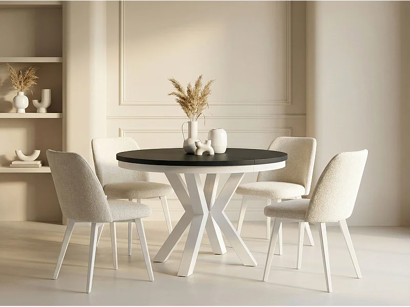 Table à Manger Ronde Extensible Style Loft - Table avec Pieds Métalliques Blancs - Table Gain de Place pour Salon - Noir - 100 à 180 cm