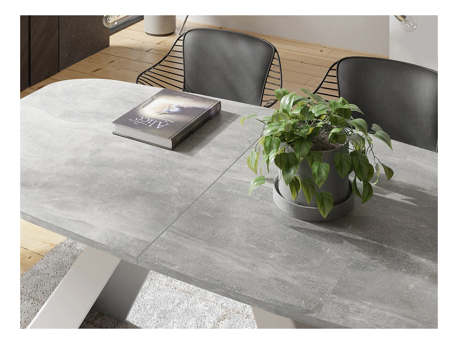 Table-à-Manger Extensible Monte Design Moderne, Table Rectangulaire - Extensible de 180 cm à 220 cm, Pieds Métalliques Blancs - 180x90 cm - Béton Gris