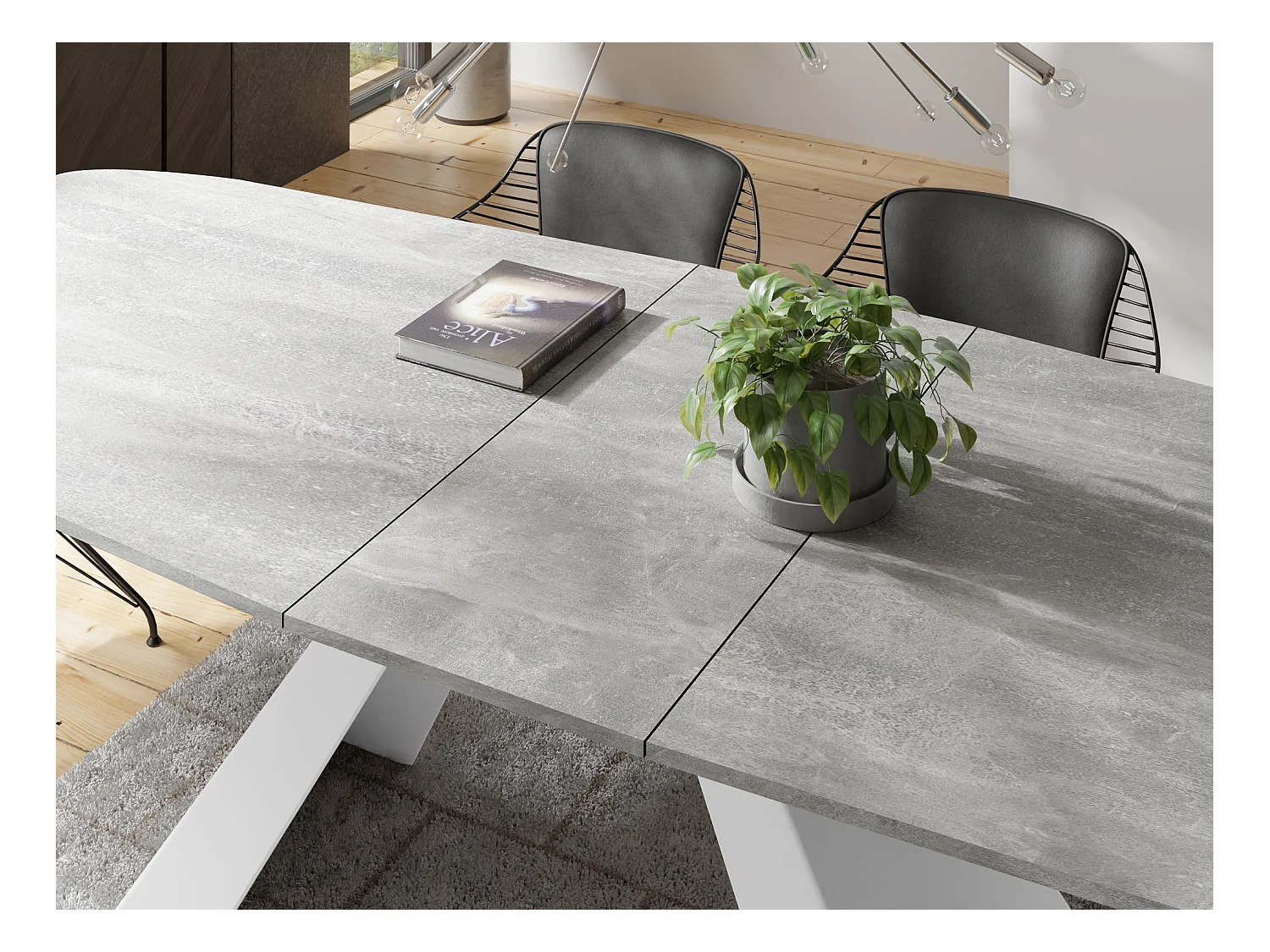 Table-à-Manger Extensible Monte Design Moderne, Table Rectangulaire - Extensible de 180 cm à 220 cm, Pieds Métalliques Blancs - 180x90 cm - Béton Gris