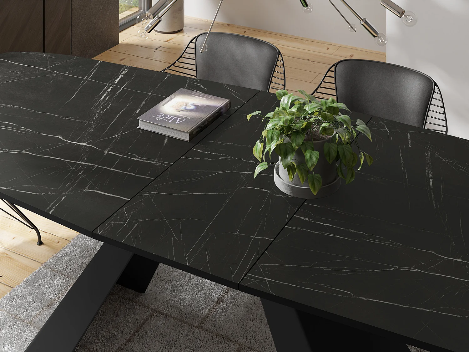 Table-à-Manger Extensible Monte Design Moderne, Table Rectangulaire - Extensible de 160 cm à 200 cm, Pieds Métalliques Noirs - 160x80 cm - Marbre Noir