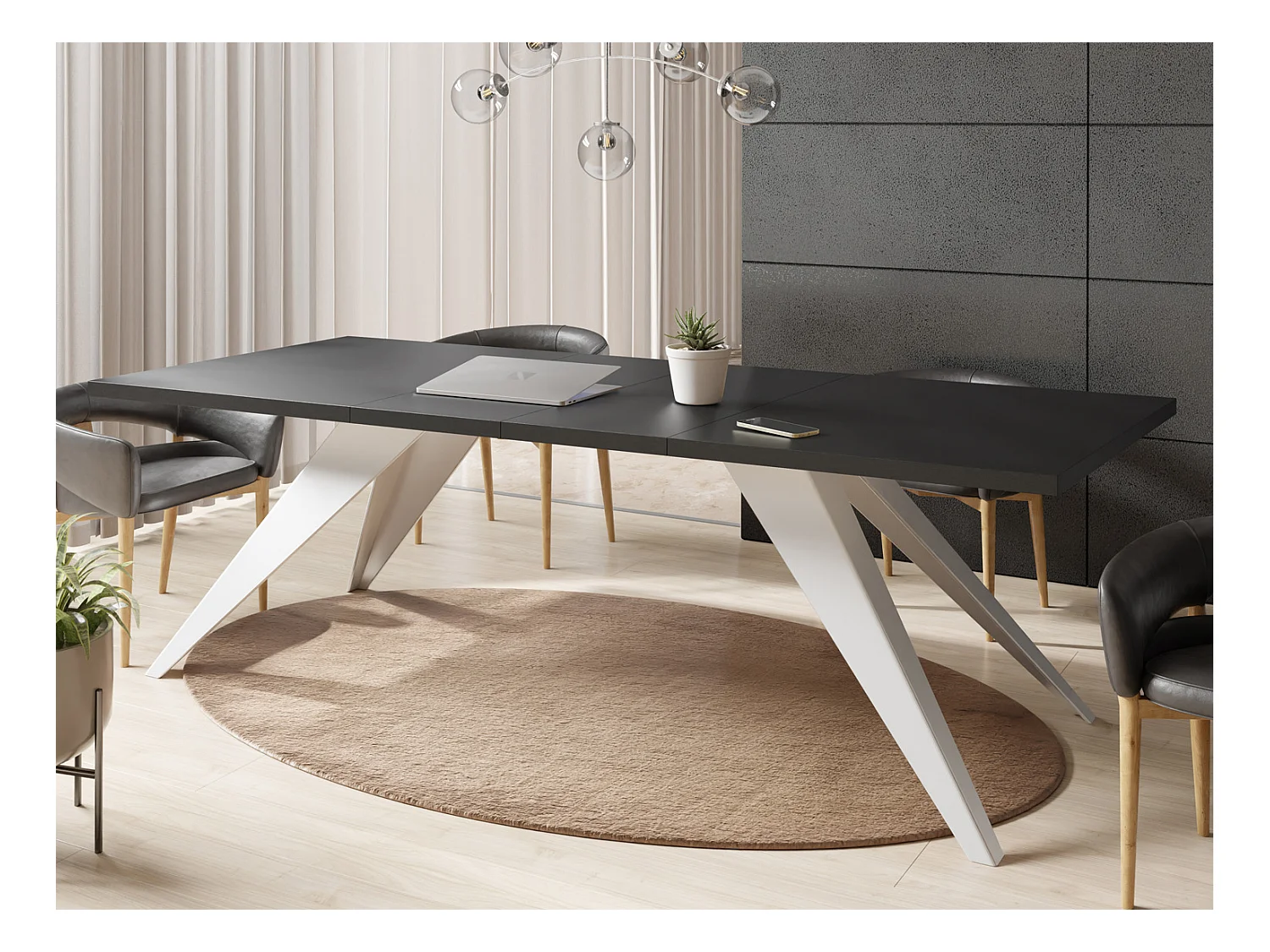 Table à Manger Vance Style Moderne - Table Rectangulaire Extensible de 140 à 240 cm, Pieds en Métal Blanc Revêtement Poudre - 140 x 80 cm - Noir