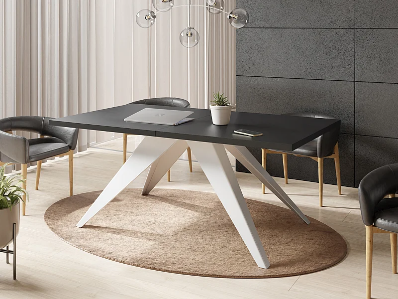 Esstisch Venus im Modern Still, Rechteckig Tisch - Ausziehbar von 160 cm bis 260 cm, Pulverbeschichtete Weiße Metallbeine - 160 x 90 cm - Schwarz