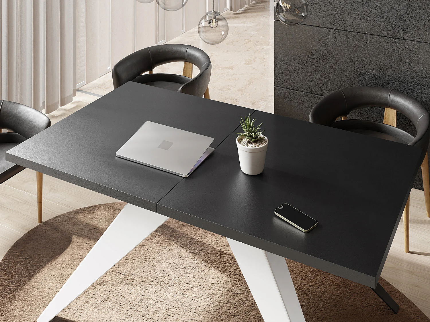 Table à Manger Vance Style Moderne - Table Rectangulaire Extensible de 160 à 260 cm, Pieds en Métal Blanc Revêtement Poudre - 160 x 90 cm - Noir