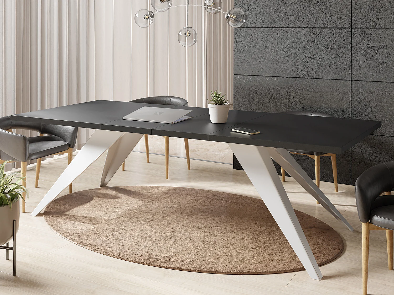 Esstisch Venus im Modern Still, Rechteckig Tisch - Ausziehbar von 160 cm bis 260 cm, Pulverbeschichtete Weiße Metallbeine - 160 x 90 cm - Schwarz