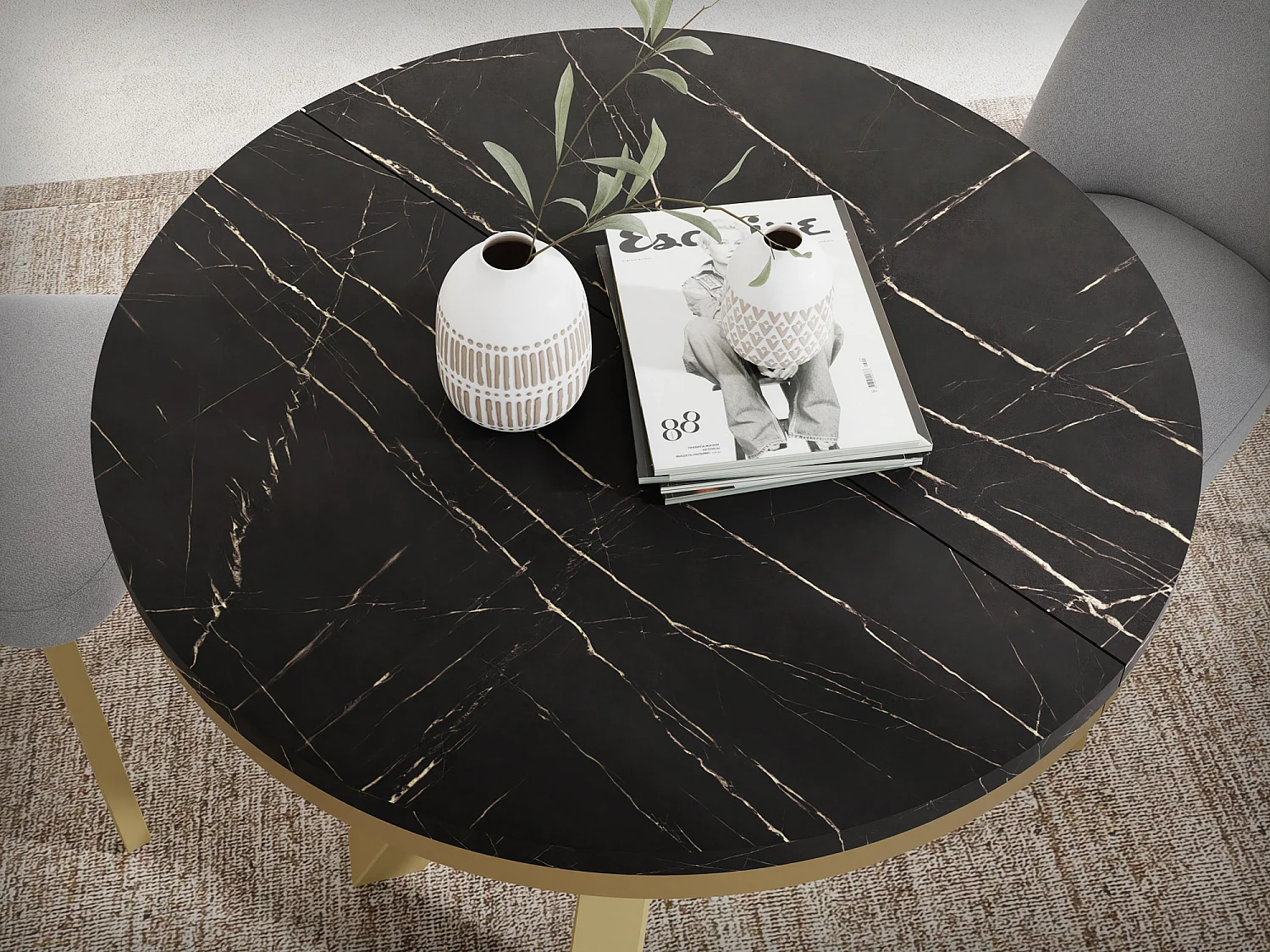 Table à Manger Ronde Extensible Style Loft - Table avec Pieds Métalliques Dorés - Table Gain de Place pour Salon - Marbre Noir - 100 à 180 cm