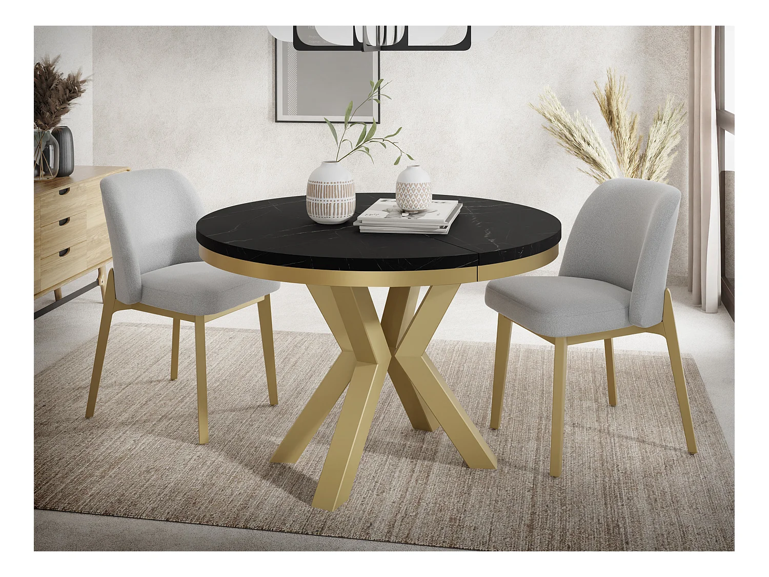 Runder Ausziehbarer Esstisch im Loft-Stil - Industrieller Tisch mit Goldenen Metallbeinen - Platzsparender Tisch für Wohnzimmer - Marmor Schwarz - 100 bis 180 cm