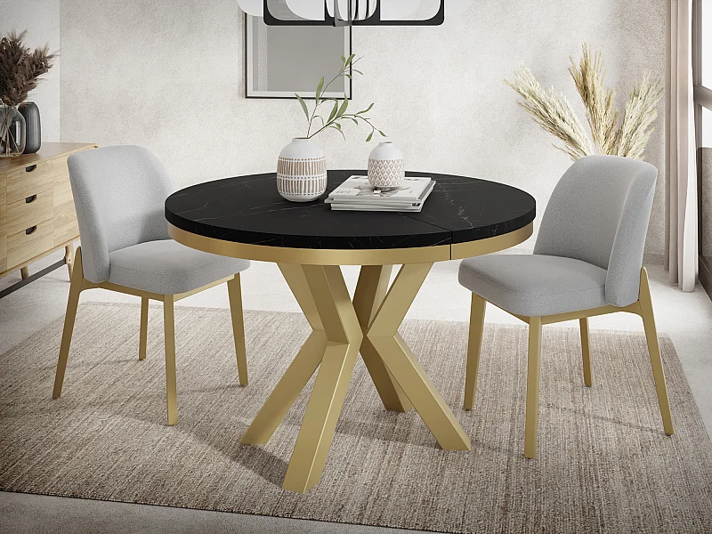 Runder Ausziehbarer Esstisch im Loft-Stil - Industrieller Tisch mit Goldenen Metallbeinen - Platzsparender Tisch für Wohnzimmer - Marmor Schwarz - 100 bis 180 cm