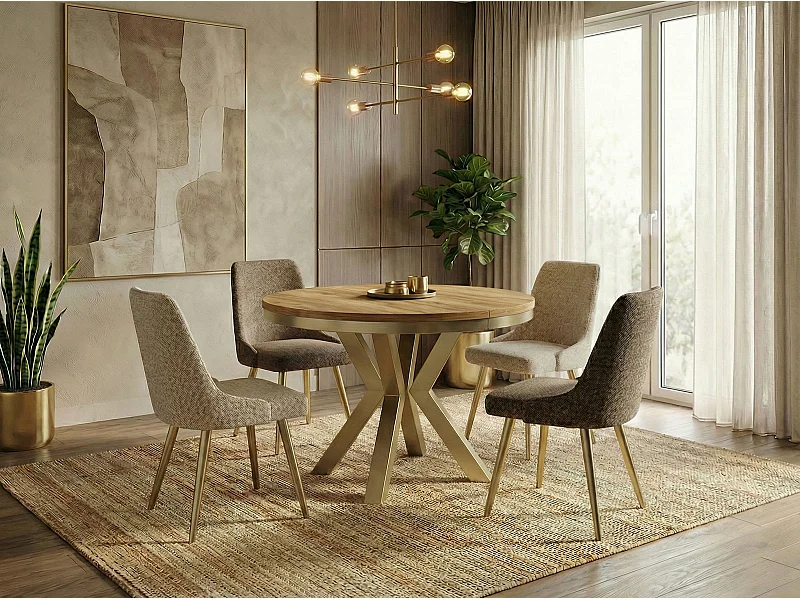 Table à Manger Ronde Extensible Style Loft - Table avec Pieds Métalliques Dorés - Table Gain de Place pour Salon - Chêne Craft Or - 100 à 180 cm