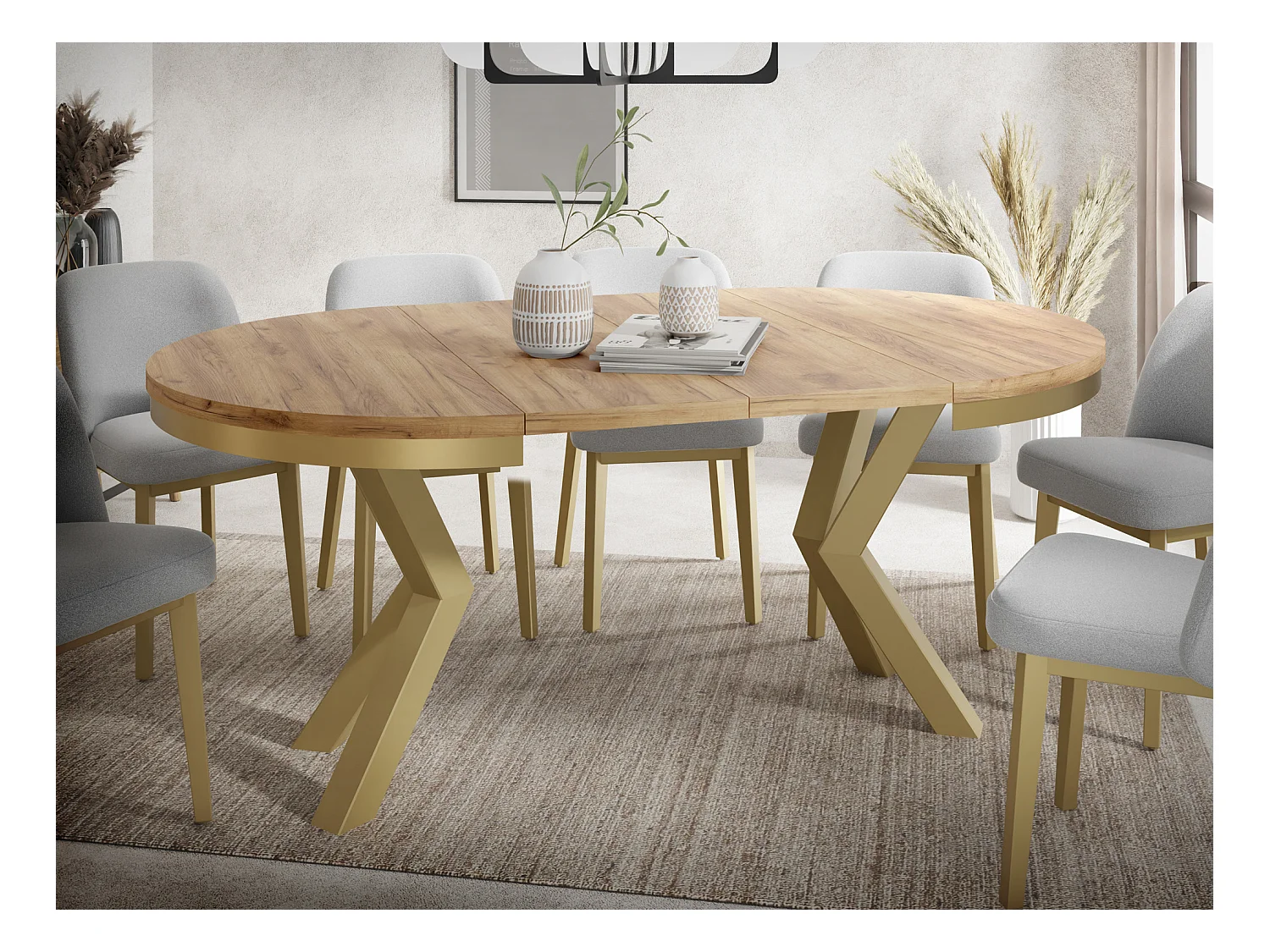 Table à Manger Ronde Extensible Style Loft - Table avec Pieds Métalliques Dorés - Table Gain de Place pour Salon - Chêne Craft Or - 100 à 180 cm