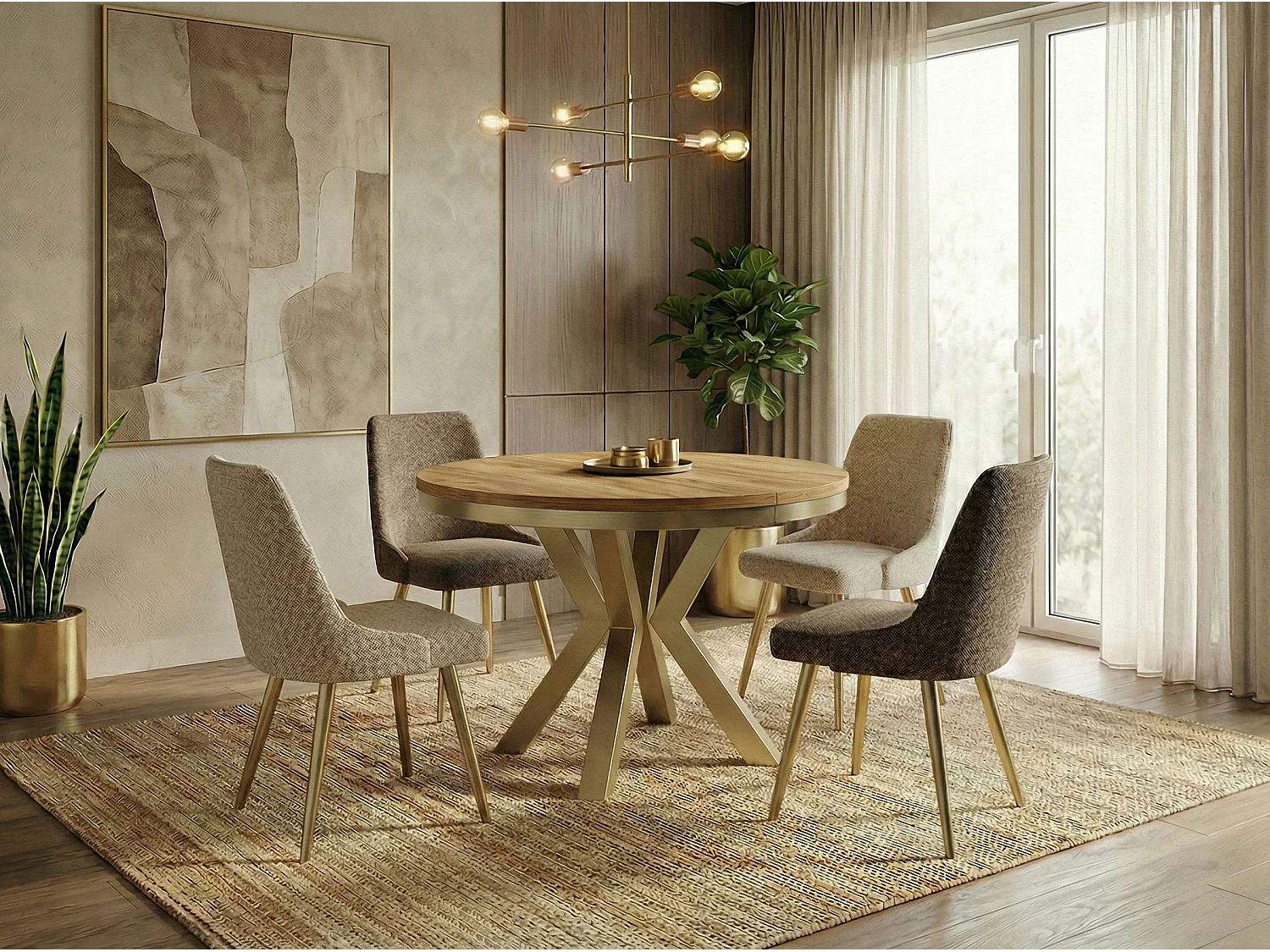 Table à Manger Ronde Extensible Style Loft - Table avec Pieds Métalliques Dorés - Table Gain de Place pour Salon - Chêne Craft Or - 100 à 180 cm