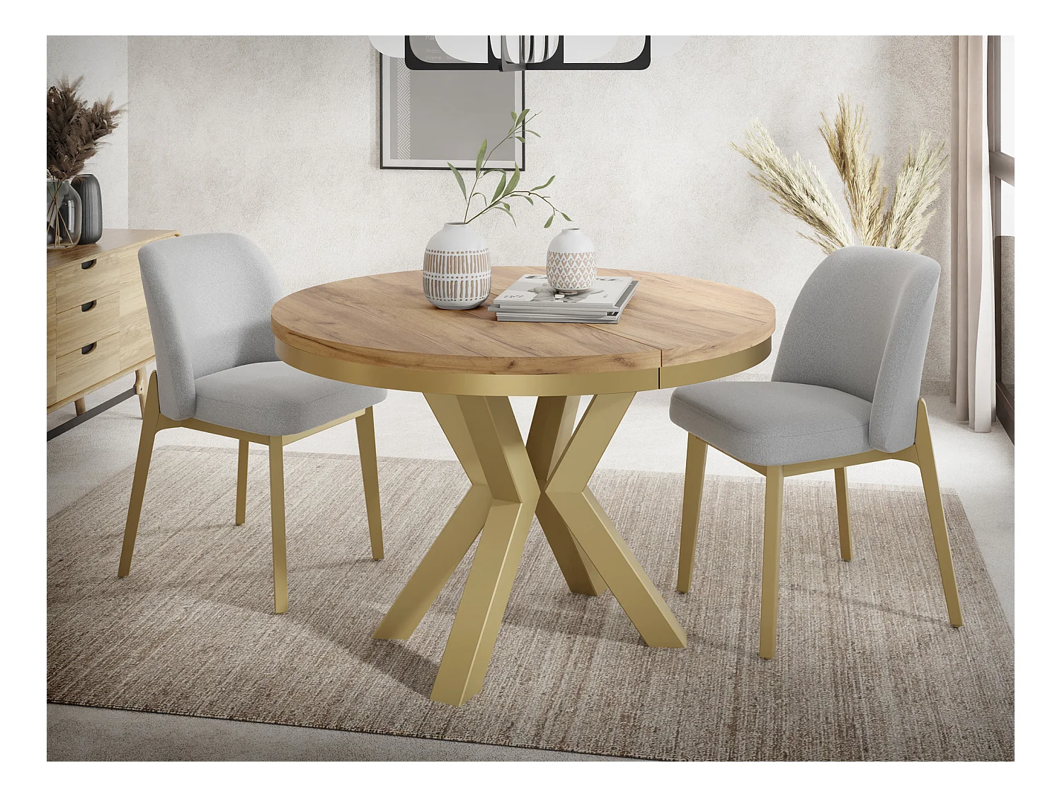 Runder Ausziehbarer Esstisch im Loft-Stil - Industrieller Tisch mit Goldenen Metallbeinen - Platzsparender Tisch für Wohnzimmer - Craft Eiche - 100 bis 180 cm