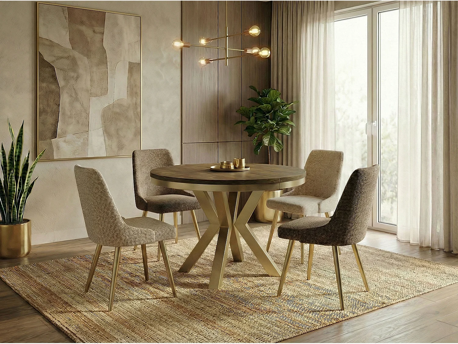 Table à Manger Ronde Extensible Style Loft - Table avec Pieds Métalliques Dorés - Table Gain de Place pour Salon - Chêne Lefkas - 100 à 180 cm