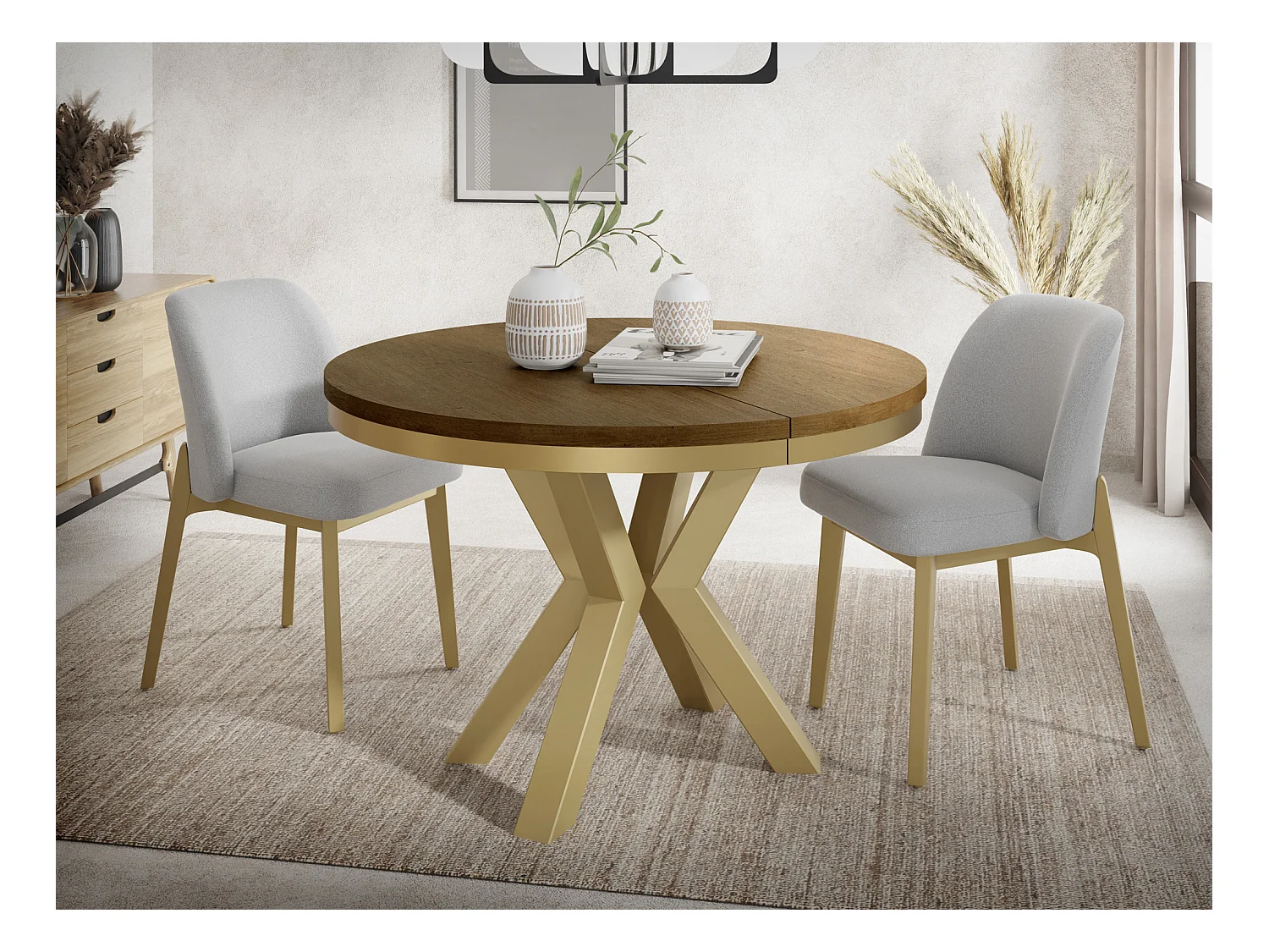 Runder Ausziehbarer Esstisch im Loft-Stil - Industrieller Tisch mit Goldenen Metallbeinen - Platzsparender Tisch für Wohnzimmer - Lefkas Eiche - 100 bis 180 cm