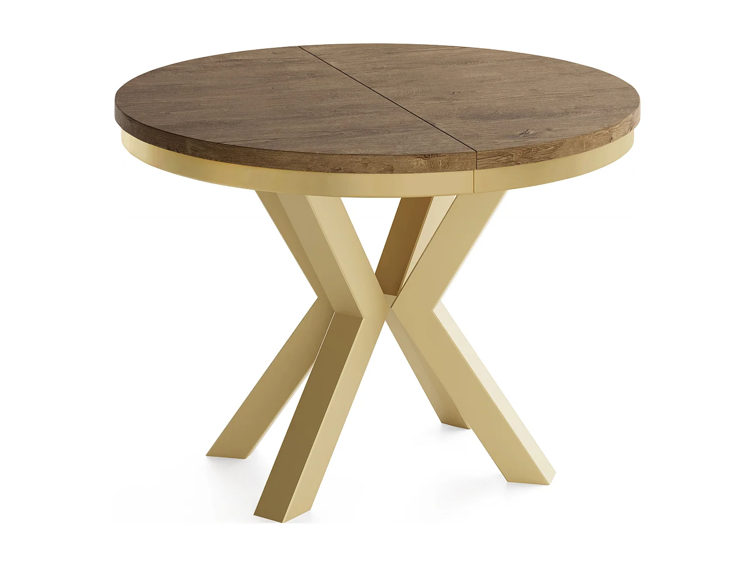 Runder Ausziehbarer Esstisch im Loft-Stil - Industrieller Tisch mit Goldenen Metallbeinen - Platzsparender Tisch für Wohnzimmer - Lefkas Eiche - 100 bis 180 cm