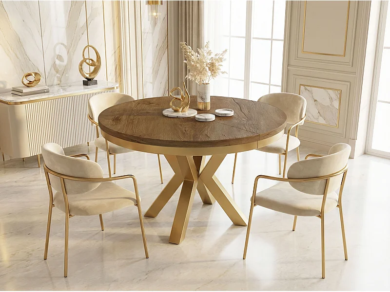 Runder Ausziehbarer Esstisch im Loft-Stil - Industrieller Tisch mit Goldenen Metallbeinen - Platzsparender Tisch für Wohnzimmer - Lefkas Eiche - 100 bis 180 cm