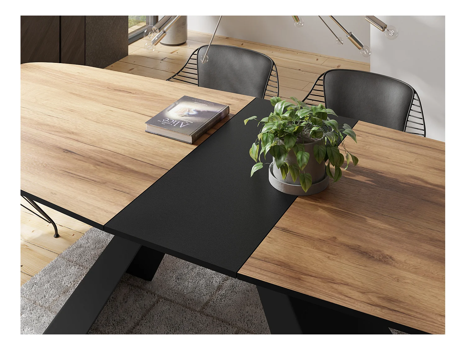 Table-à-Manger Extensible Monte Design Moderne, Table Rectangulaire - Extensible de 180 cm à 220 cm, Pieds Métalliques Noirs - 180x90 cm - Chêne Craft