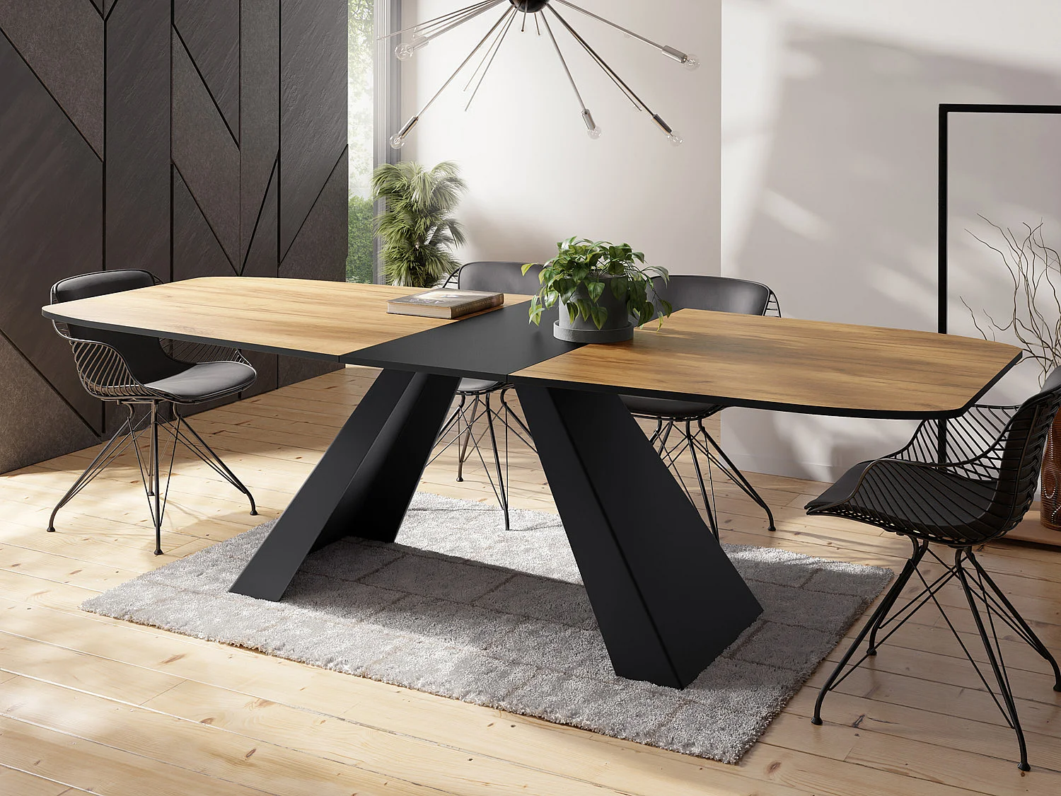 Esstisch Monte im Modern Stil, Rechteckiger Tisch - Ausziehbar von 180 cm bis 220 cm, Pulverbeschichtete Schwarze Metallbeine - 180 x 90 cm - Craft Eiche