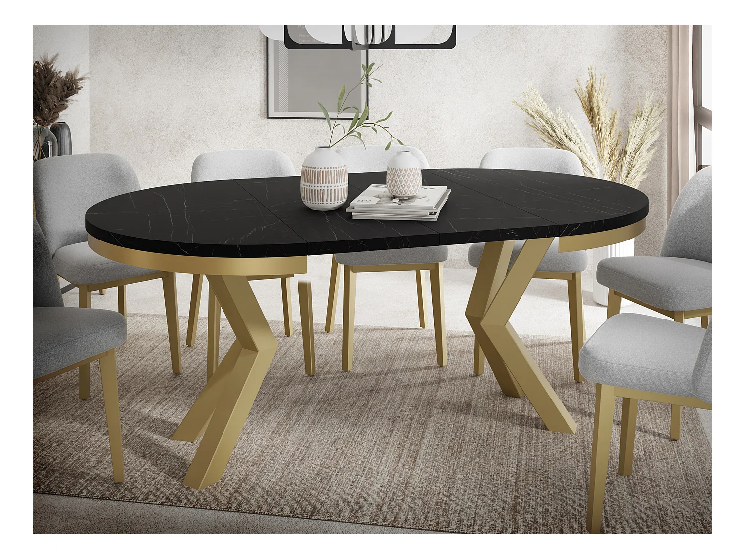 Table à Manger Ronde Extensible Style Loft - Table avec Pieds Métalliques Dorés - Table Gain de Place pour Salon - Marbre Noir - 120 à 200 cm