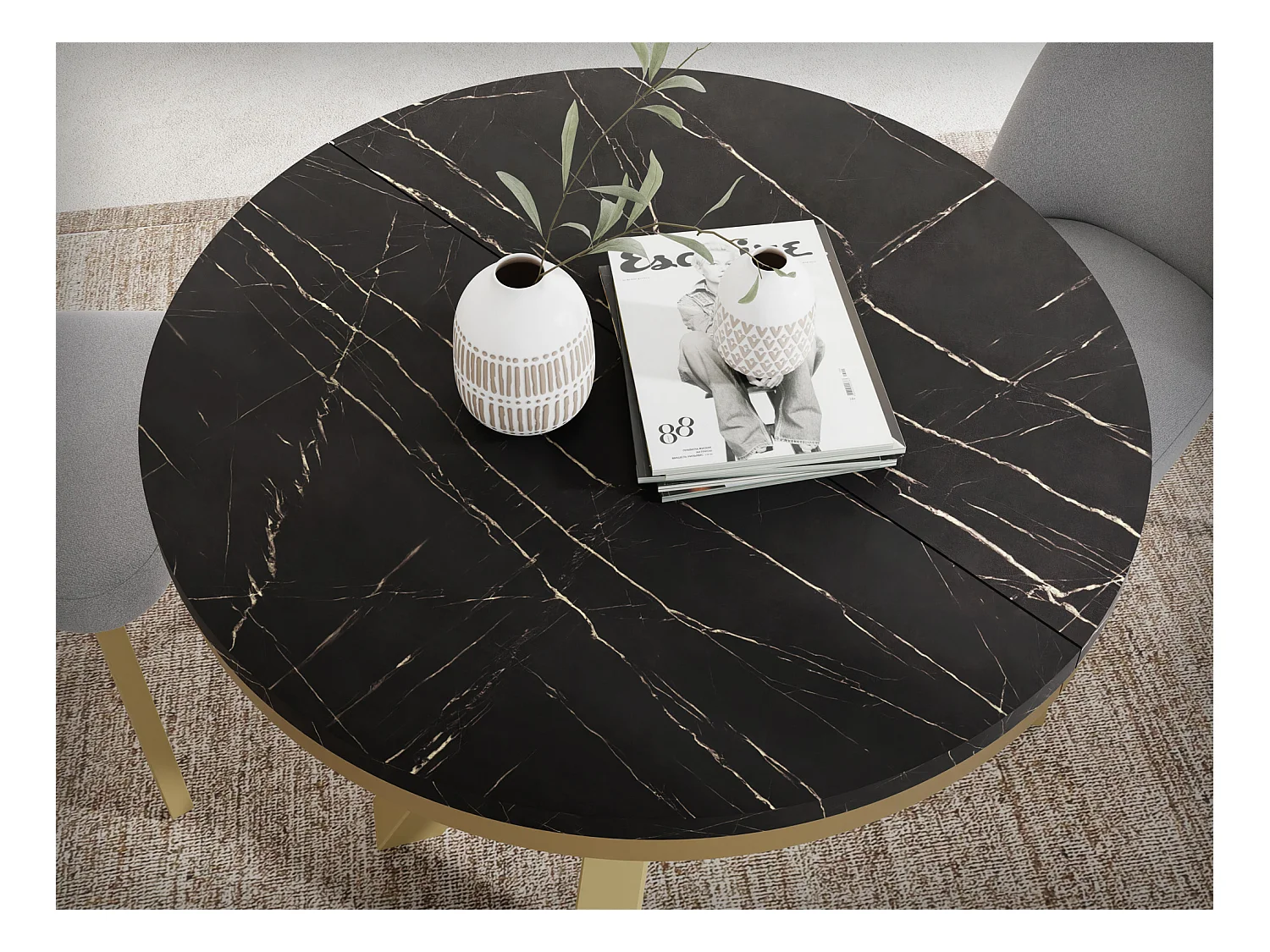 Table à Manger Ronde Extensible Style Loft - Table avec Pieds Métalliques Dorés - Table Gain de Place pour Salon - Marbre Noir - 120 à 200 cm