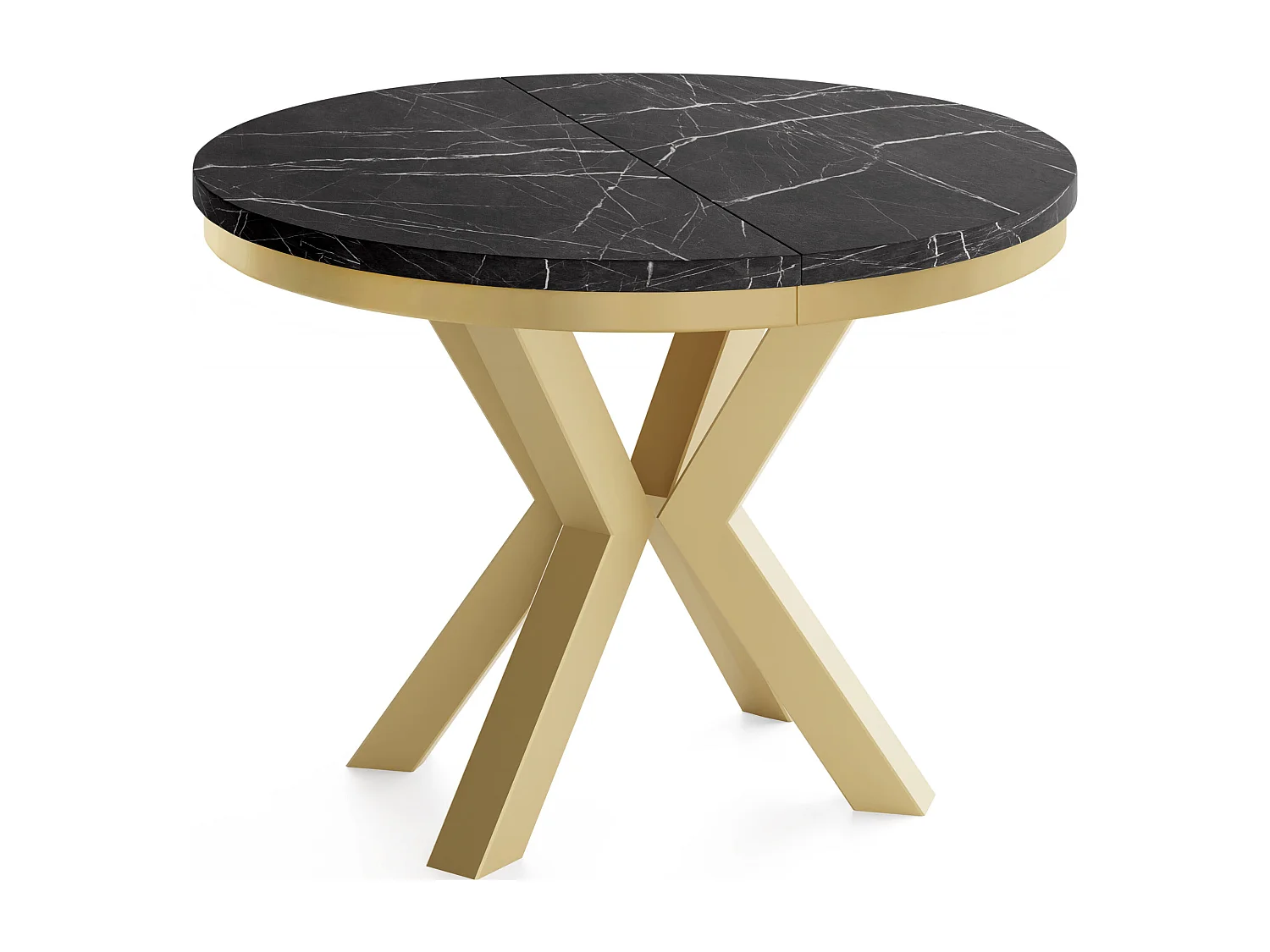 Runder Ausziehbarer Esstisch im Loft-Stil - Industrieller Tisch mit Goldenen Metallbeinen - Platzsparender Tisch für Wohnzimmer - Marmor Schwarz - 120 bis 200 cm