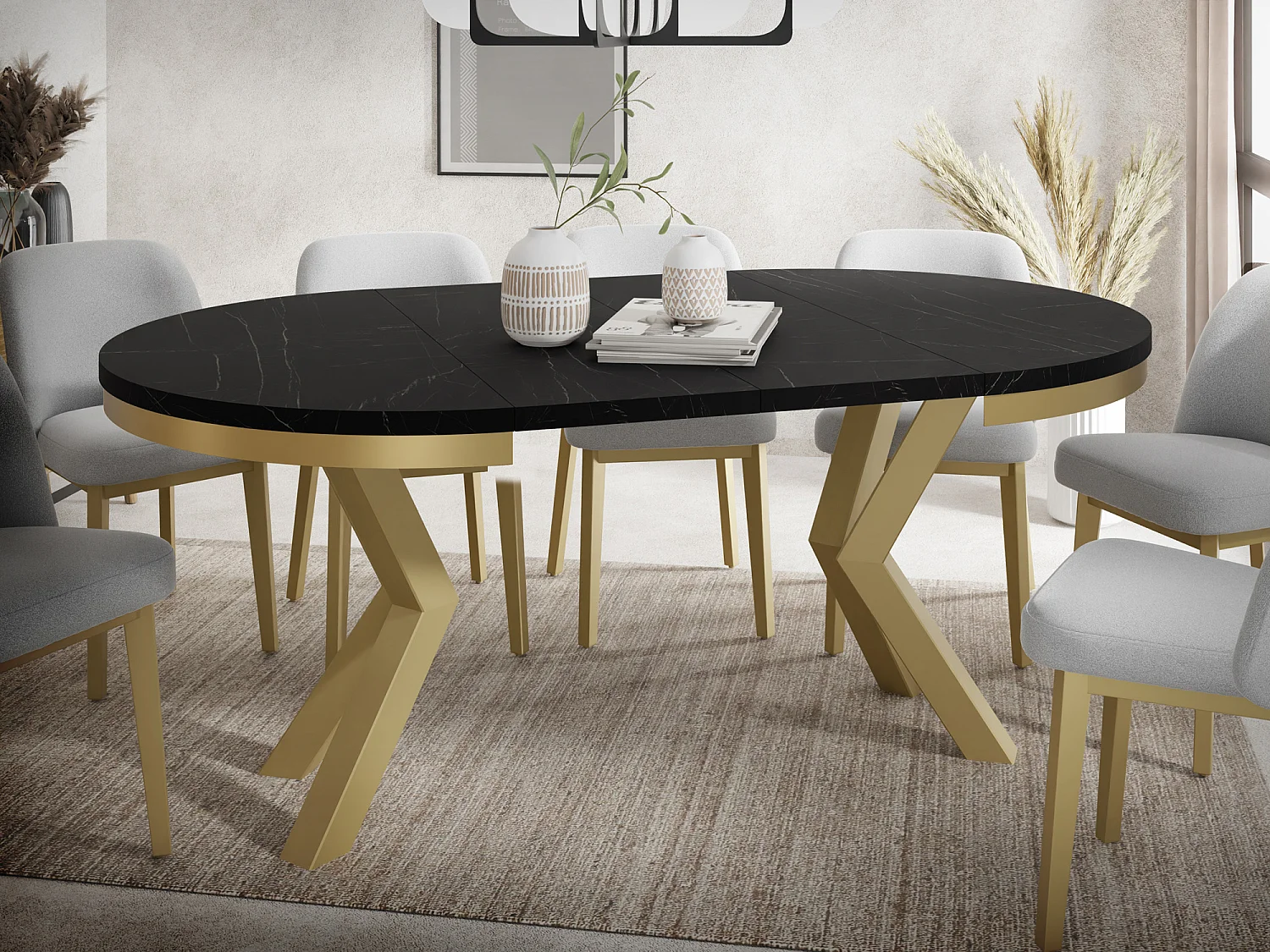 Runder Ausziehbarer Esstisch im Loft-Stil - Industrieller Tisch mit Goldenen Metallbeinen - Platzsparender Tisch für Wohnzimmer - Marmor Schwarz - 120 bis 200 cm