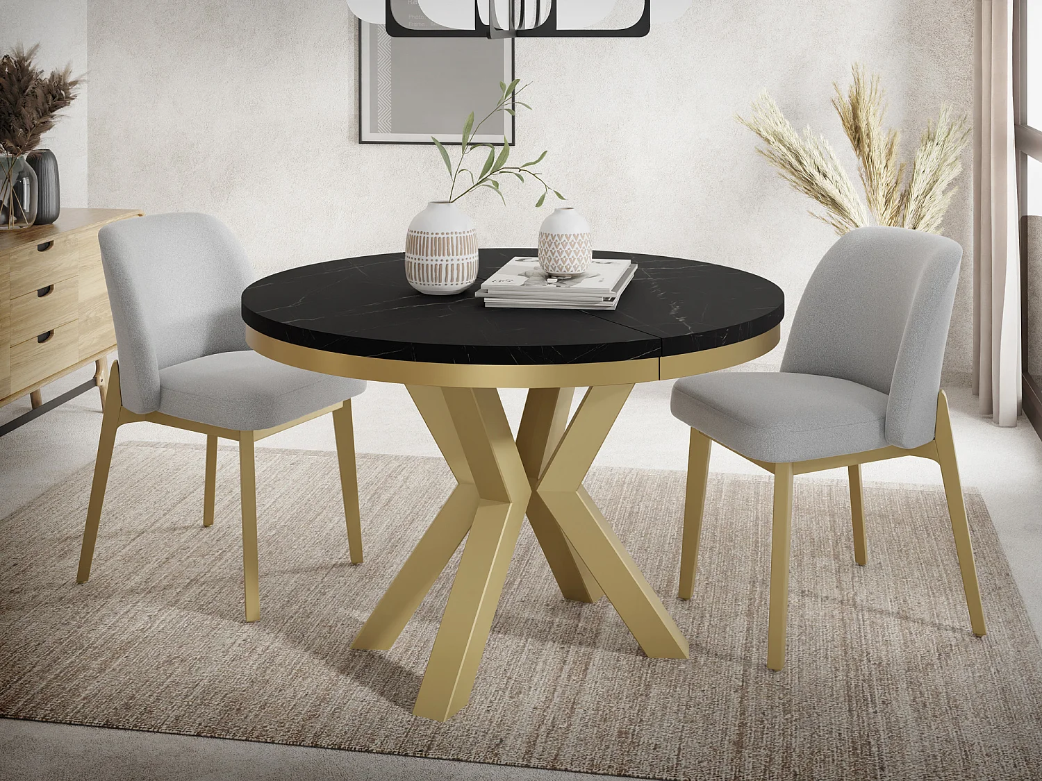 Runder Ausziehbarer Esstisch im Loft-Stil - Industrieller Tisch mit Goldenen Metallbeinen - Platzsparender Tisch für Wohnzimmer - Marmor Schwarz - 120 bis 200 cm