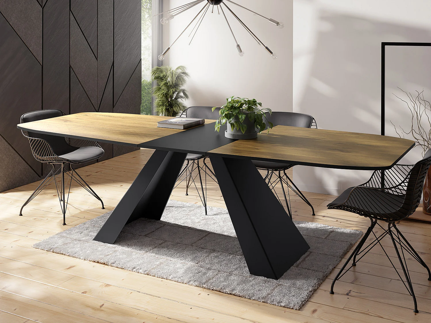 Table-à-Manger Extensible Monte Design Moderne, Table Rectangulaire - Extensible de 160 cm à 200 cm, Pieds Métalliques Noirs - 160x80 cm - Chêne Lancelot