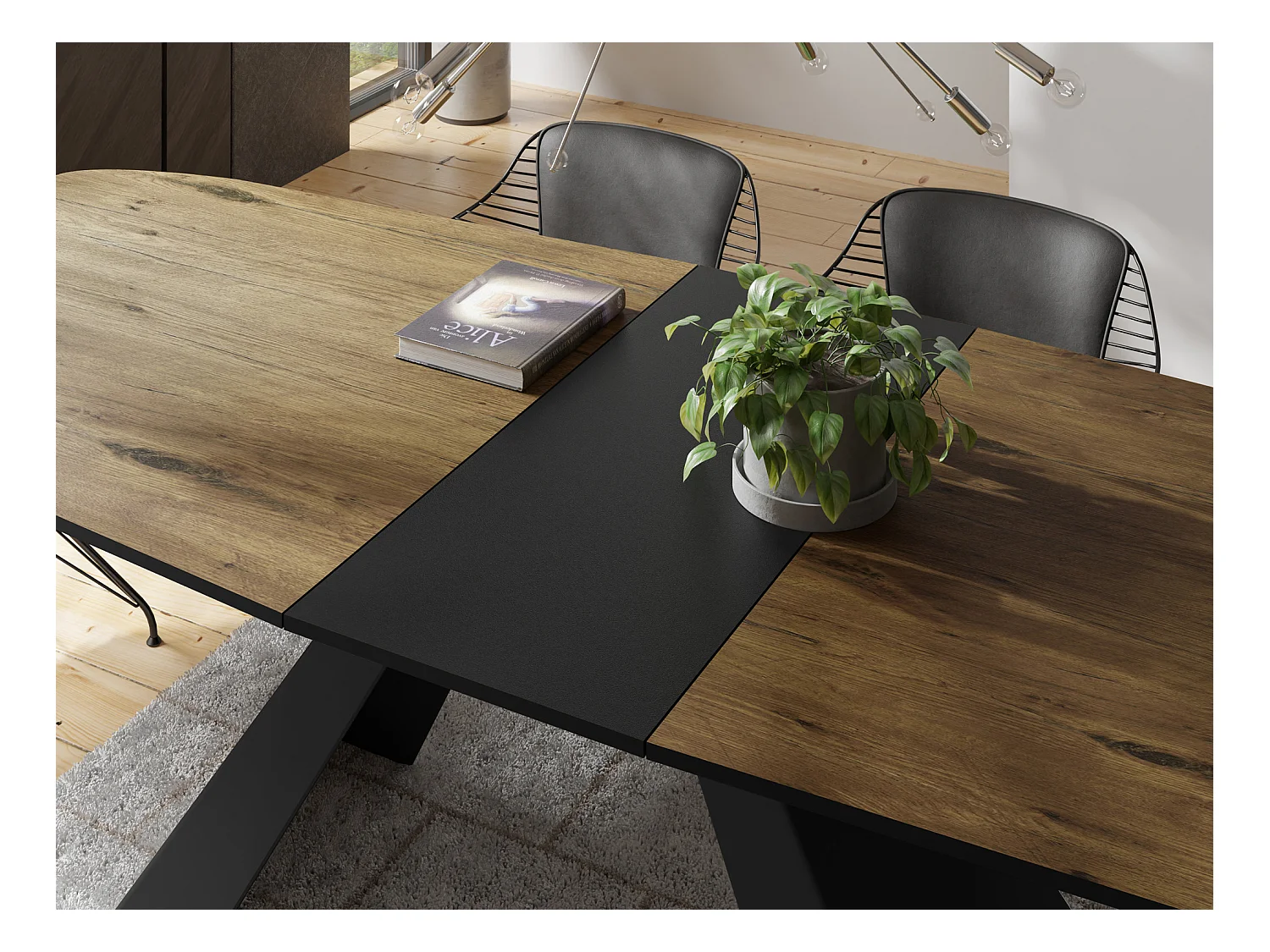 Table-à-Manger Extensible Monte Design Moderne, Table Rectangulaire - Extensible de 160 cm à 200 cm, Pieds Métalliques Noirs - 160x80 cm - Chêne Lancelot