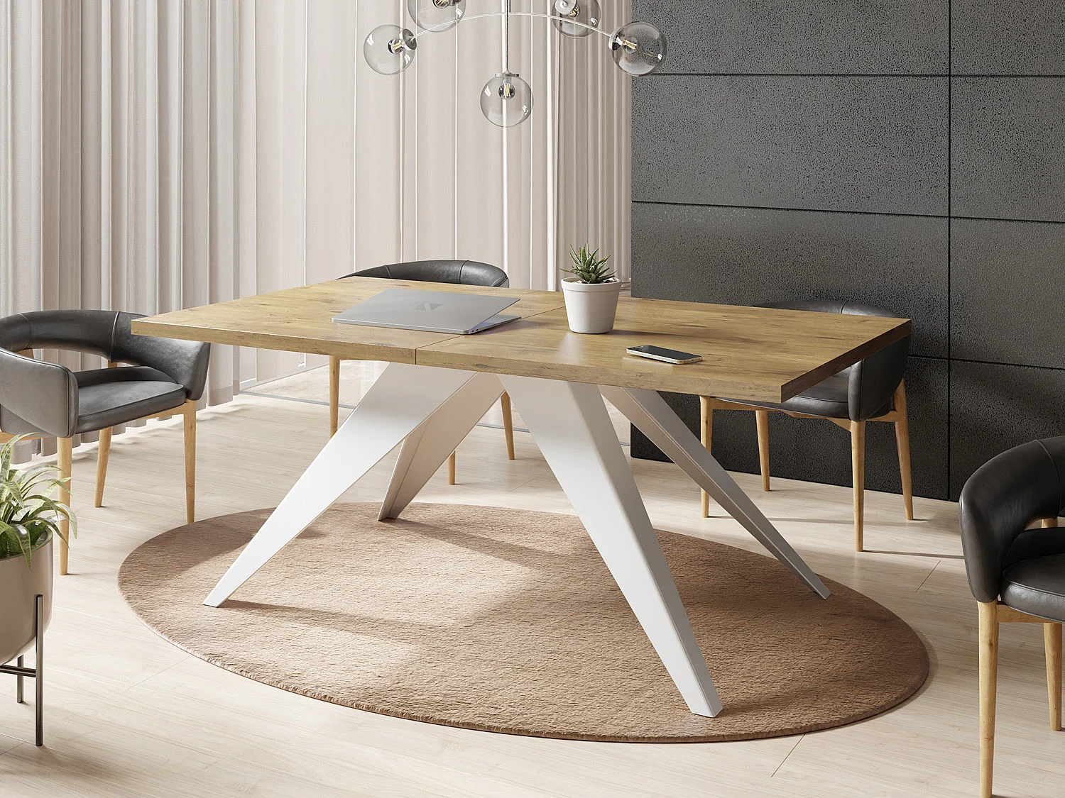 Table à Manger Vance Style Moderne - Table Rectangulaire Extensible de 140 à 240 cm, Pieds en Métal Blanc Revêtement Poudre - 140 x 80 cm - Chêne Lancelot