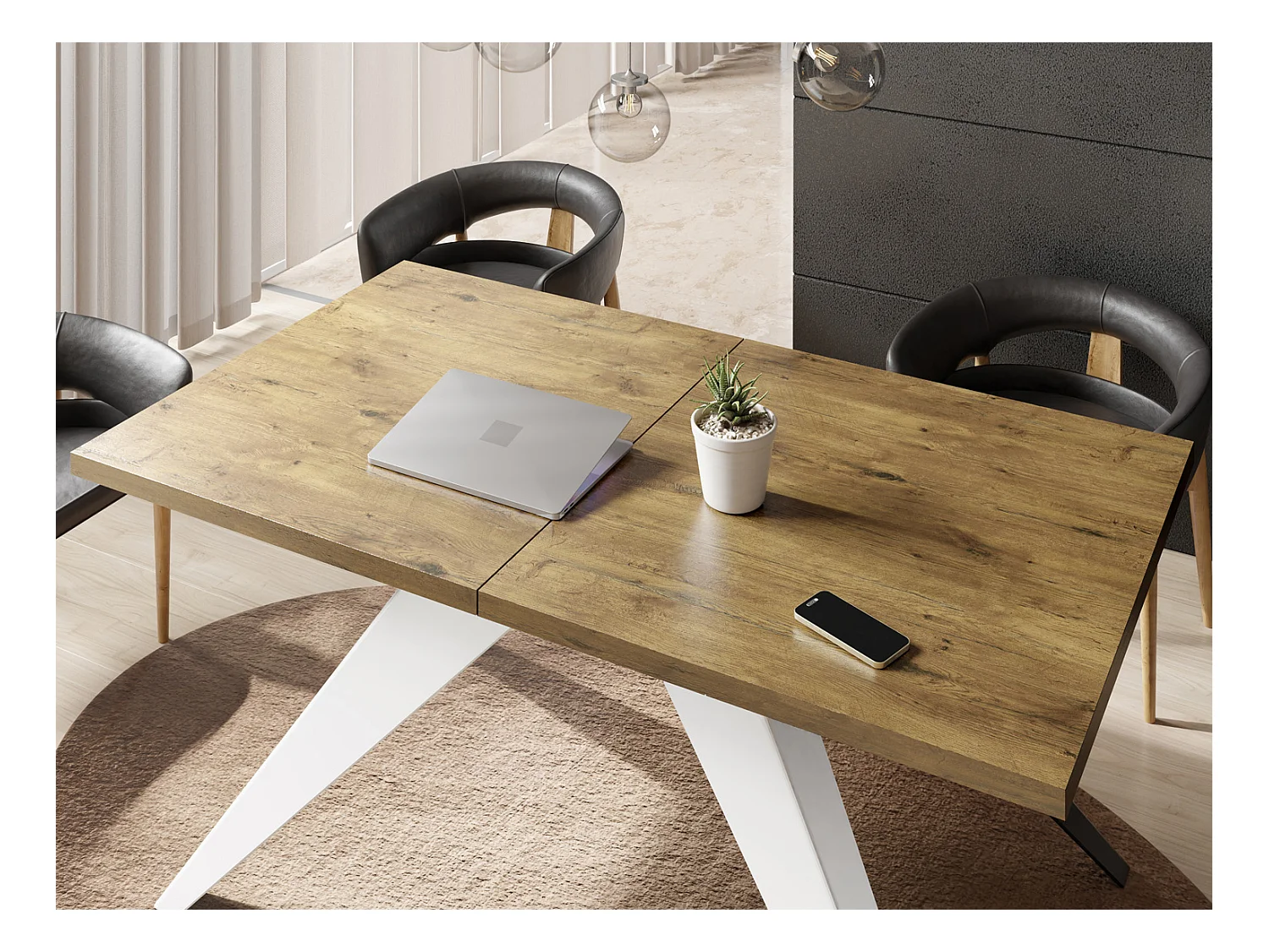 Table à Manger Vance Style Moderne - Table Rectangulaire Extensible de 140 à 240 cm, Pieds en Métal Blanc Revêtement Poudre - 140 x 80 cm - Chêne Lancelot