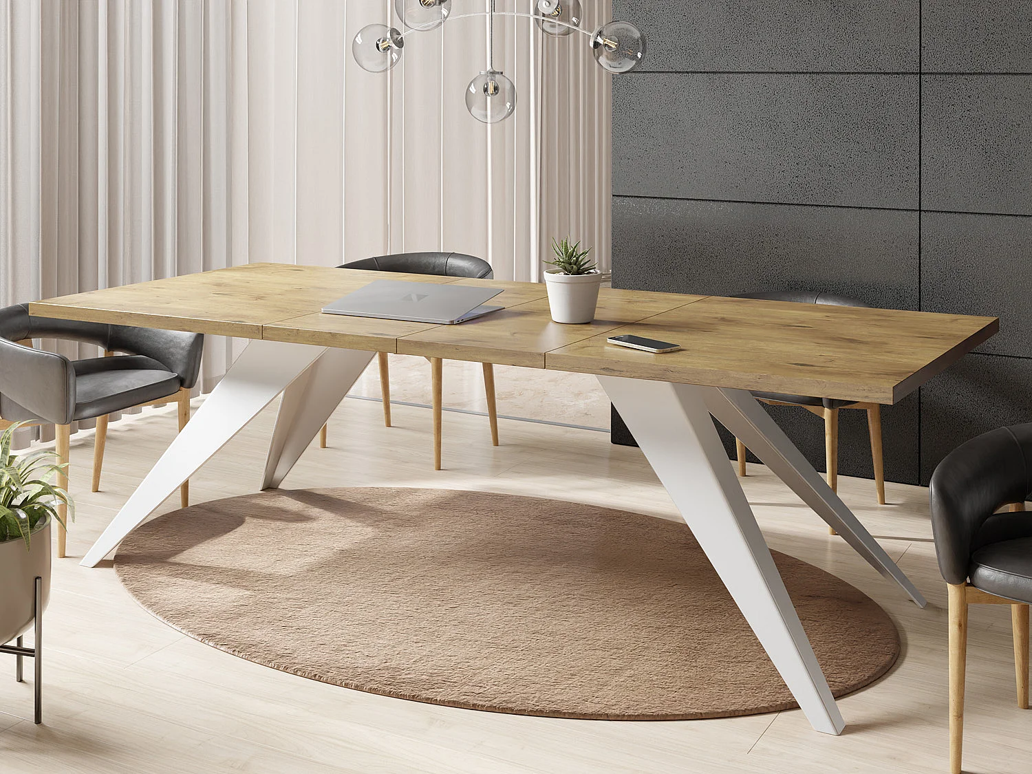 Esstisch Venus im Modern Still, Rechteckig Tisch - Ausziehbar von 140 cm bis 240 cm, Pulverbeschichtete Weiße Metallbeine - 140 x 80 cm - Lancelot Eiche