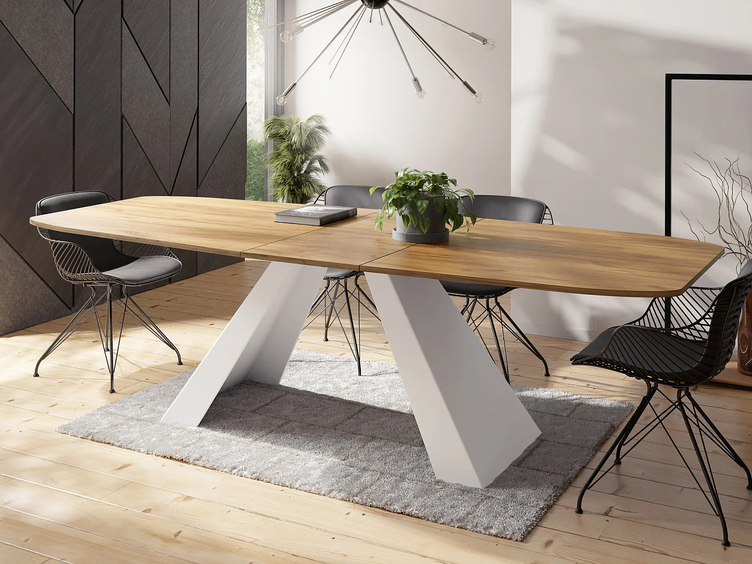 Esstisch Monte Weiß im Modern Stil, Rechteckiger Tisch - Ausziehbar von 160 cm bis 200 cm, Pulverbeschichtete Weiße Metallbeine - 160 x 80 cm - Craft Eiche