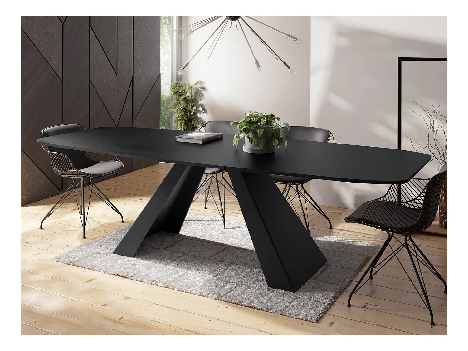 Table-à-Manger Extensible Monte Design Moderne, Table Rectangulaire - Extensible de 160 cm à 200 cm, Pieds Métalliques Noirs - 160x80 cm - Noir