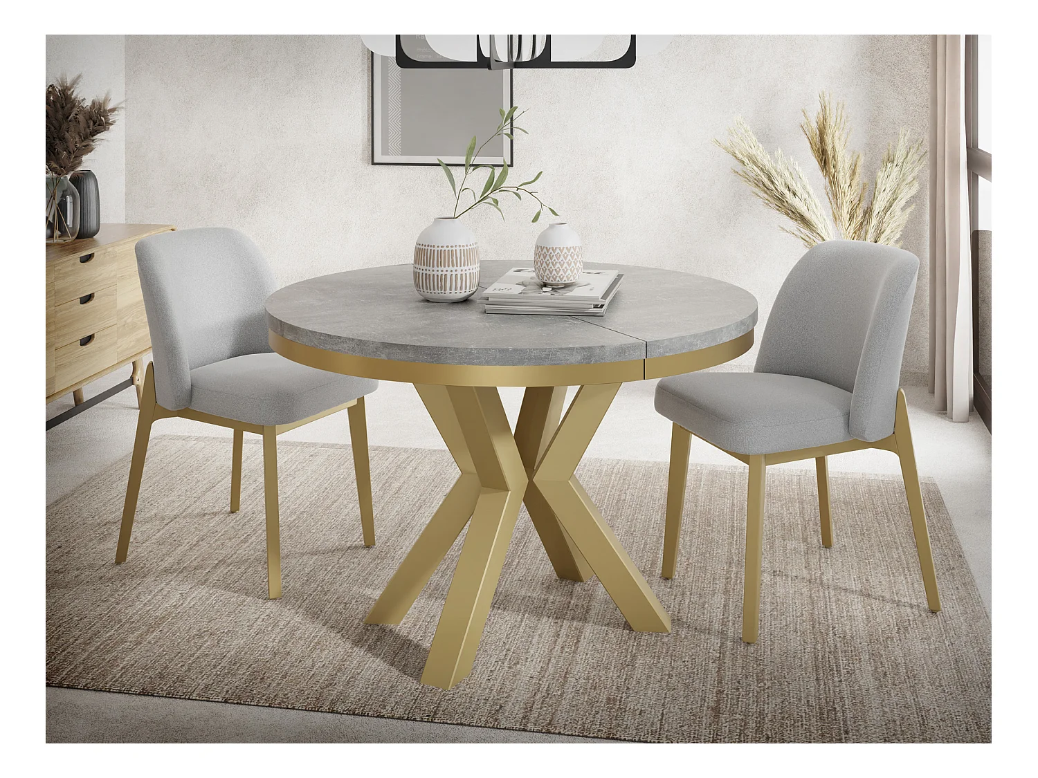 Runder Ausziehbarer Esstisch im Loft-Stil - Industrieller Tisch mit Goldenen Metallbeinen - Platzsparender Tisch für Wohnzimmer - Grauer Beton - 100 bis 180 cm