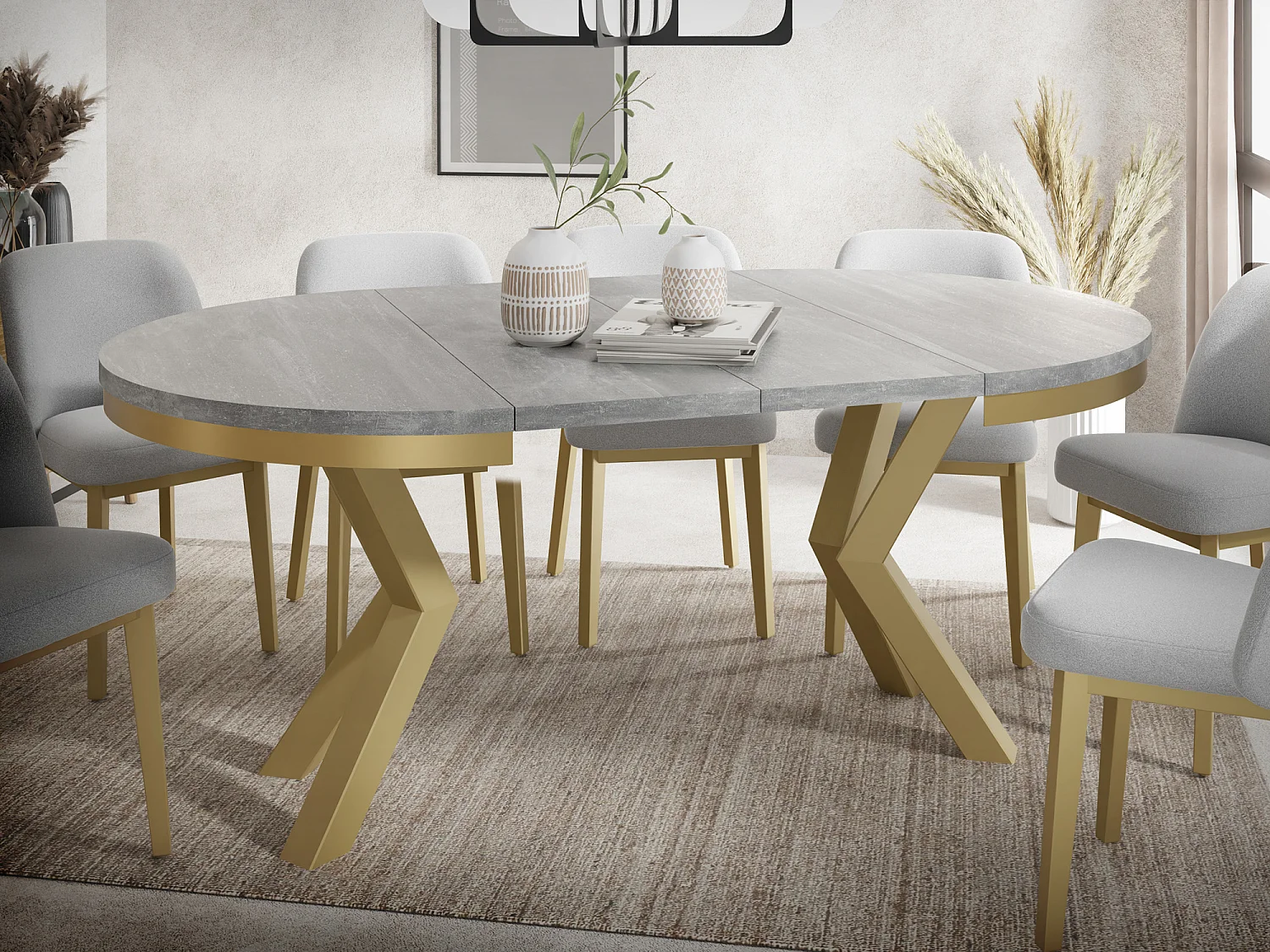 Runder Ausziehbarer Esstisch im Loft-Stil - Industrieller Tisch mit Goldenen Metallbeinen - Platzsparender Tisch für Wohnzimmer - Grauer Beton - 100 bis 180 cm