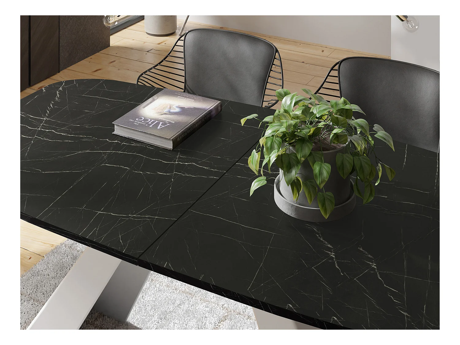 Table-à-Manger Extensible Monte Design Moderne, Table Rectangulaire - Extensible de 160 cm à 200 cm, Pieds Métalliques Blancs - 160x80 cm - Marbre Noir