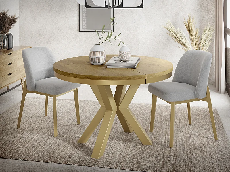 Runder Ausziehbarer Esstisch im Loft-Stil - Industrieller Tisch mit Goldenen Metallbeinen - Platzsparender Tisch für Wohnzimmer - Lancelot Eiche - 120 bis 200 cm