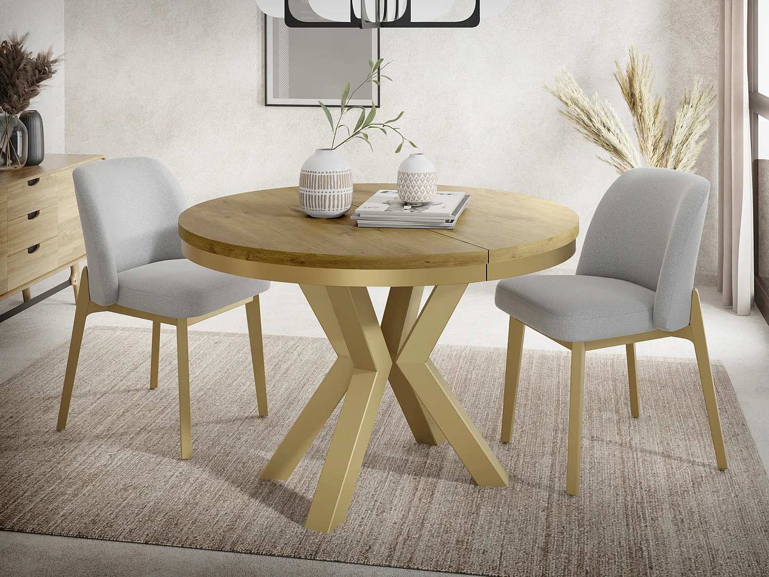 Runder Ausziehbarer Esstisch im Loft-Stil - Industrieller Tisch mit Goldenen Metallbeinen - Platzsparender Tisch für Wohnzimmer - Lancelot Eiche - 120 bis 200 cm