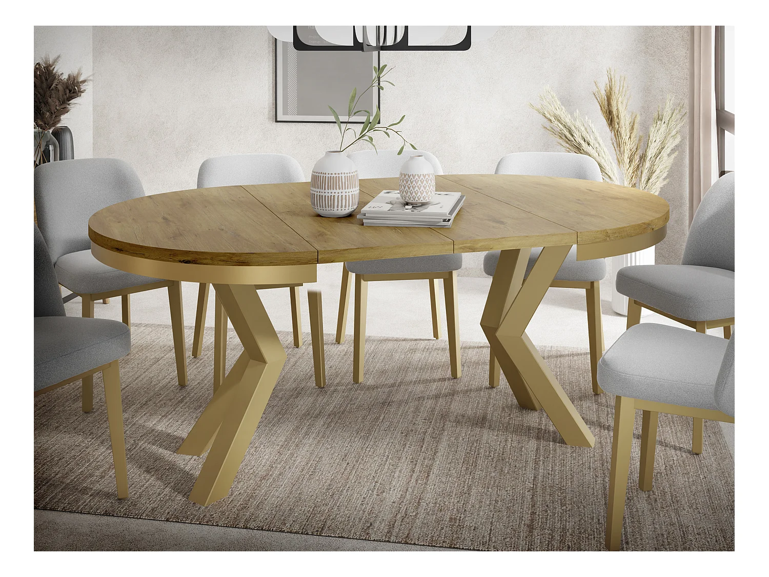 Runder Ausziehbarer Esstisch im Loft-Stil - Industrieller Tisch mit Goldenen Metallbeinen - Platzsparender Tisch für Wohnzimmer - Lancelot Eiche - 120 bis 200 cm