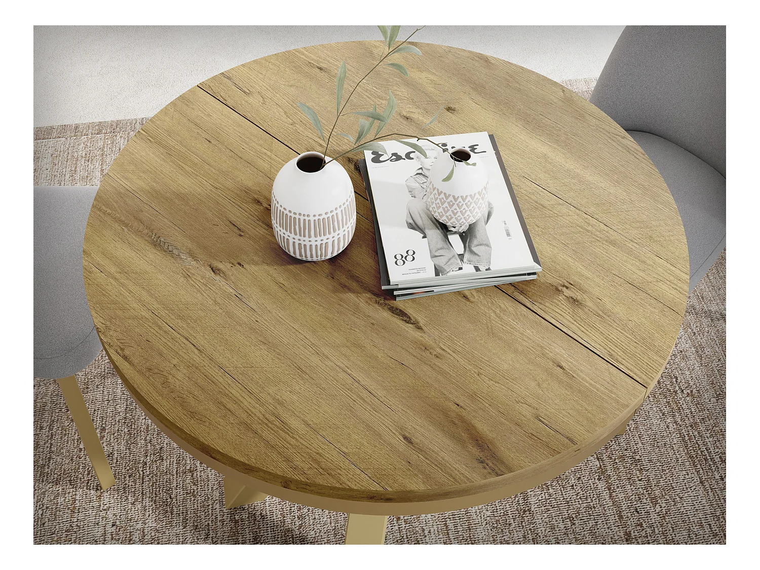 Runder Ausziehbarer Esstisch im Loft-Stil - Industrieller Tisch mit Goldenen Metallbeinen - Platzsparender Tisch für Wohnzimmer - Lancelot Eiche - 120 bis 200 cm