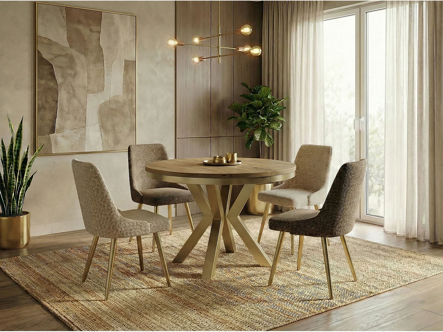 Table à Manger Ronde Extensible Style Loft - Table avec Pieds Métalliques Dorés - Table Gain de Place pour Salon - Chêne Lancelot - 120 à 200 cm