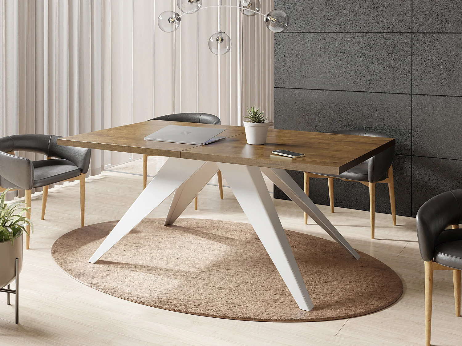 Table à Manger Vance Style Moderne - Table Rectangulaire Extensible de 160 à 260 cm, Pieds en Métal Blanc Revêtement Poudre - 160 x 90 cm - Chêne Lefkas