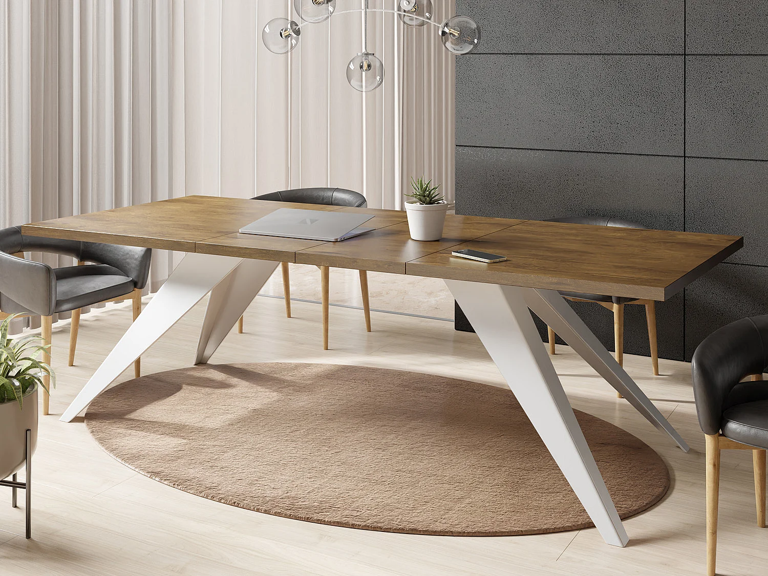 Table à Manger Vance Style Moderne - Table Rectangulaire Extensible de 160 à 260 cm, Pieds en Métal Blanc Revêtement Poudre - 160 x 90 cm - Chêne Lefkas