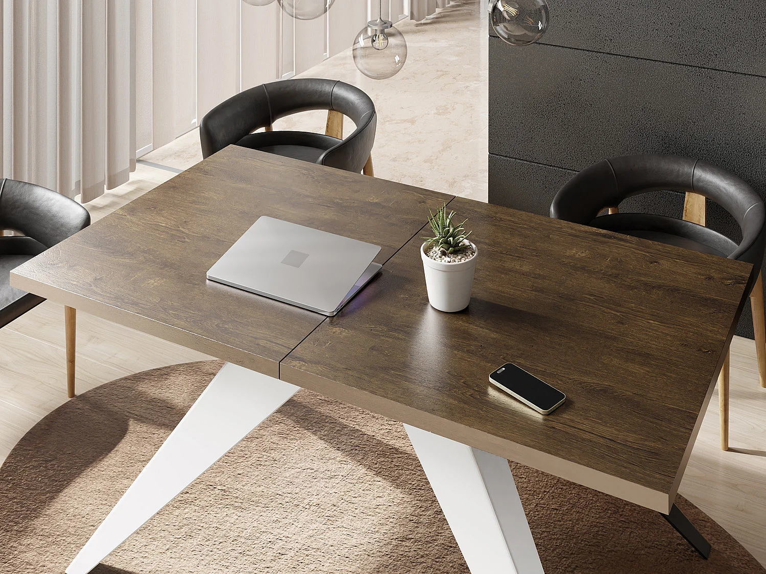 Table à Manger Vance Style Moderne - Table Rectangulaire Extensible de 160 à 260 cm, Pieds en Métal Blanc Revêtement Poudre - 160 x 90 cm - Chêne Lefkas