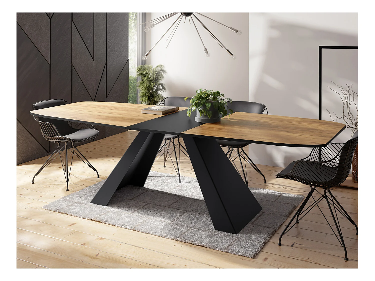 Table-à-Manger Extensible Monte Design Moderne, Table Rectangulaire - Extensible de 160 cm à 200 cm, Pieds Métalliques Noirs - 160x80 cm - Chêne Craft