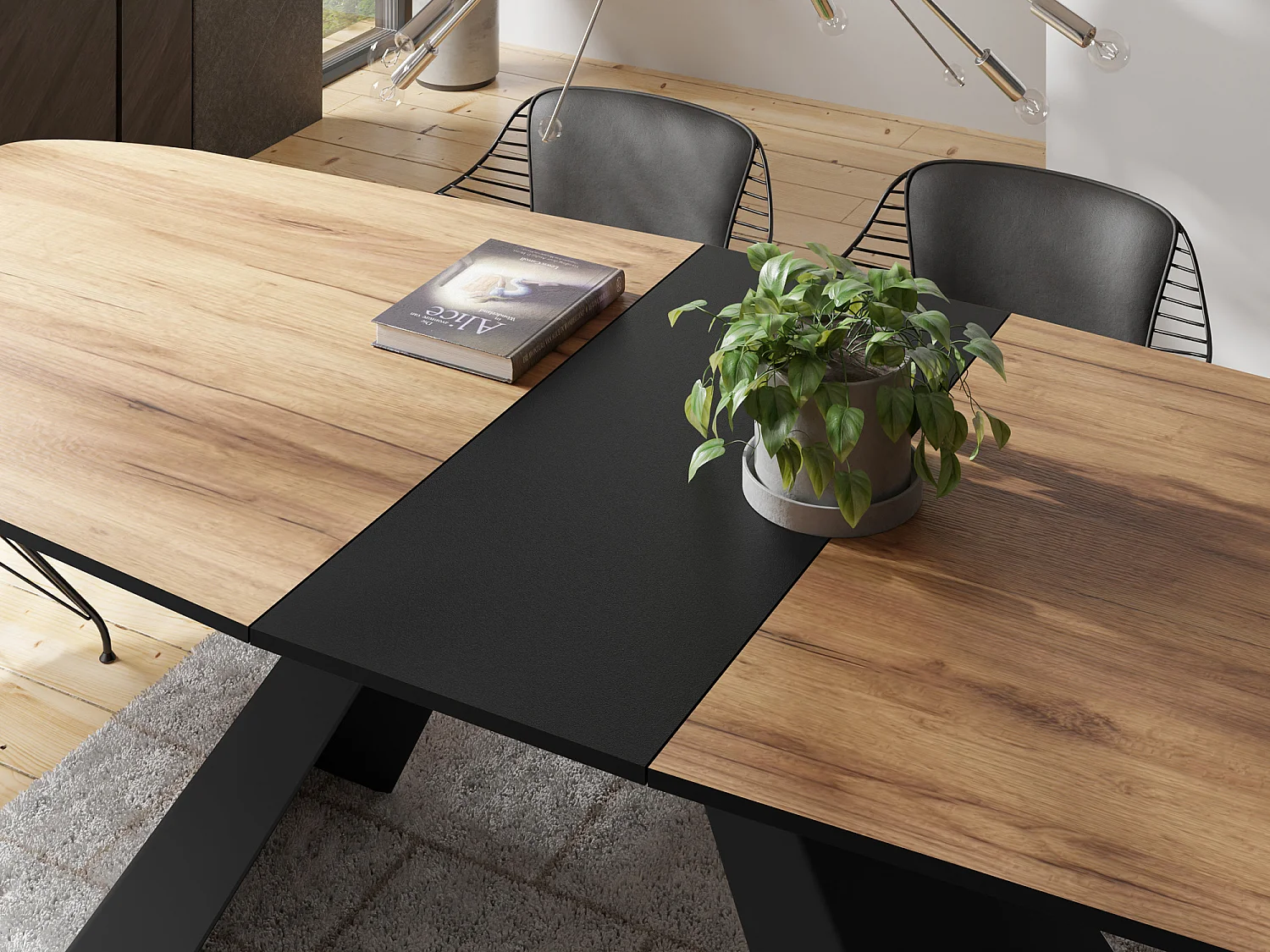 Esstisch Monte im Modern Stil, Rechteckiger Tisch - Ausziehbar von 160 cm bis 200 cm, Pulverbeschichtete Schwarze Metallbeine - 160 x 80 cm - Craft Eiche