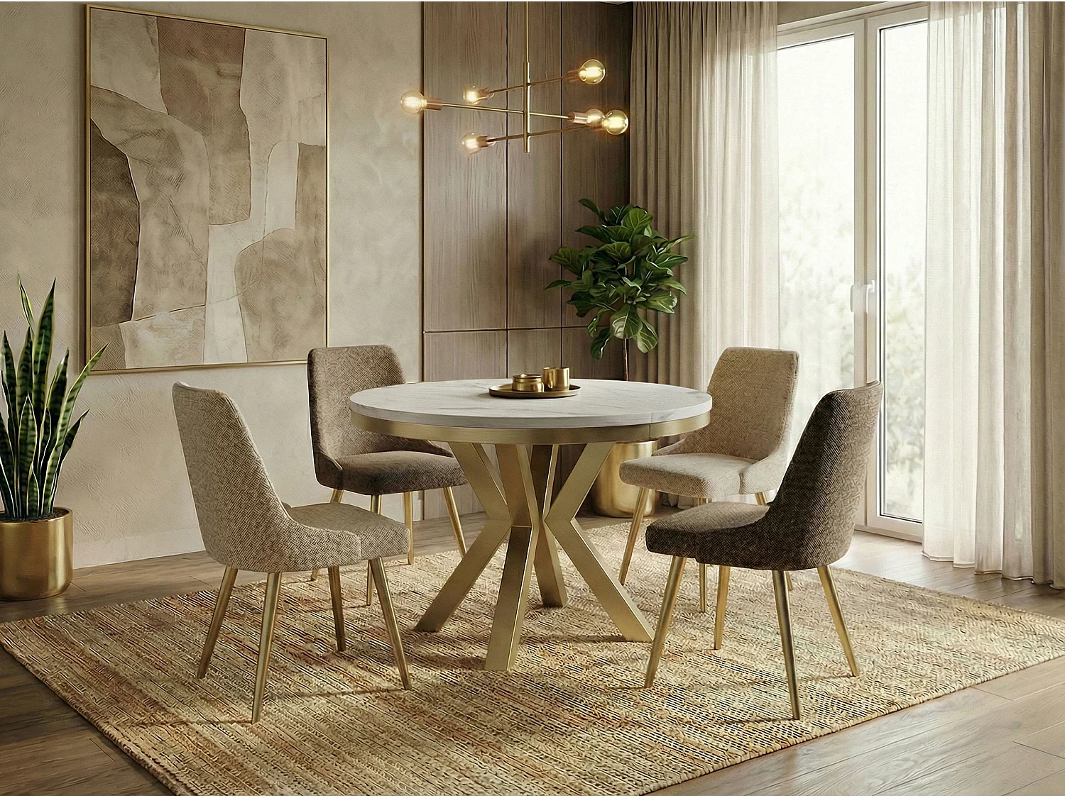 Table à Manger Ronde Extensible Style Loft - Table avec Pieds Métalliques Dorés - Table Gain de Place pour Salon - Marbre Blanc - 100 à 180 cm