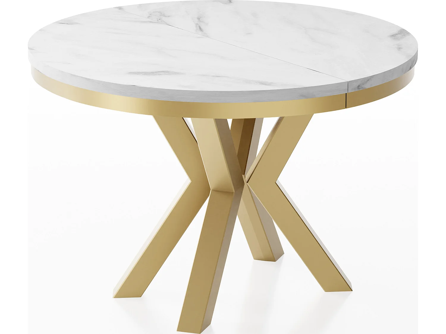 Table à Manger Ronde Extensible Style Loft - Table avec Pieds Métalliques Dorés - Table Gain de Place pour Salon - Marbre Blanc - 100 à 180 cm