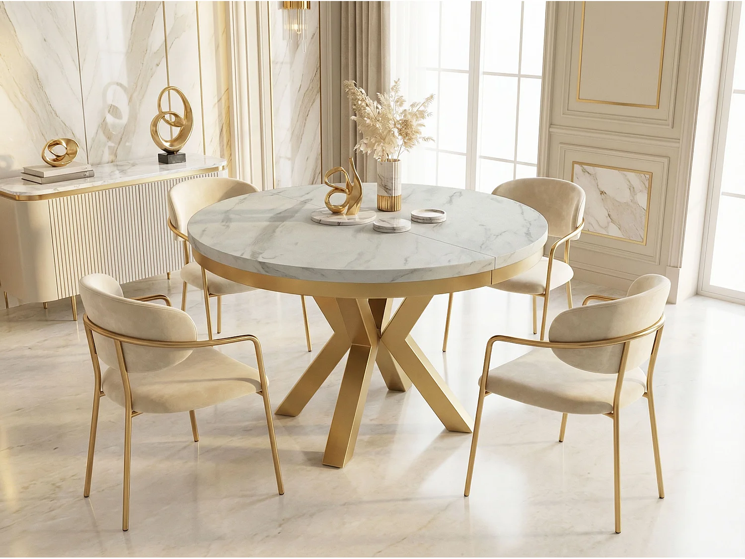 Runder Ausziehbarer Esstisch im Loft-Stil - Industrieller Tisch mit Goldenen Metallbeinen - Platzsparender Tisch für Wohnzimmer - Marmor Weiß - 100 bis 180 cm